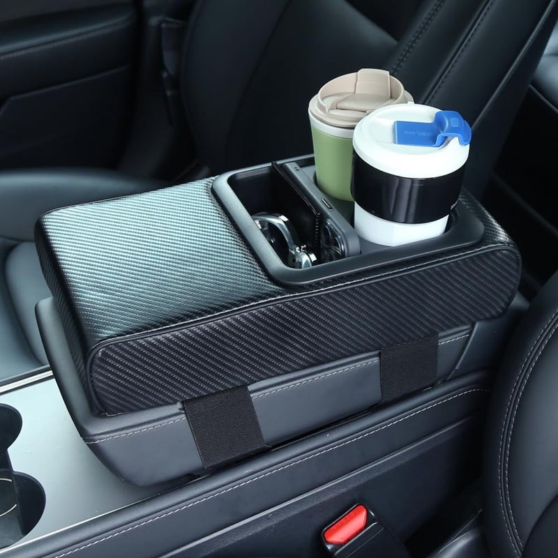 Supin Car Armrest Cushion - Multifunctional Faux Leather Armrest Cushion with Cup Holder, Phone Storage, and Ergonomic Design for All Seasons (Carbon Style) - Image 5